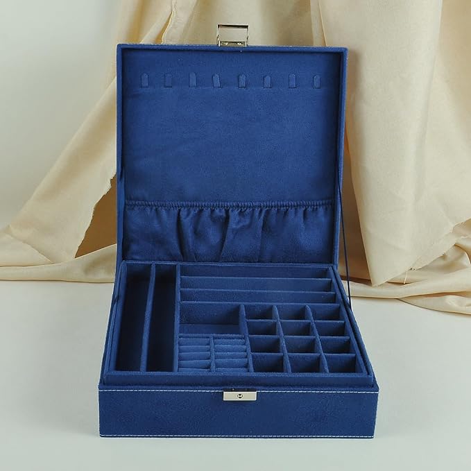 GYJOYERO Jewelry Boxes 10 x 10 Inches 2-layer Handle Necklace Holder Organizer Jewellery Women Rings Storage Display Girls Earrings Case Lockable Jewelry Tray GY641 (Navy)