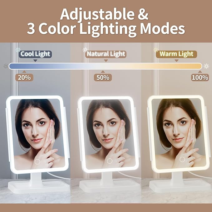 Makeup Mirror with Lights, Rechargeable Lighted Vanity Mirror with 70 Led Lights and 2X 3X 10X Magnification, 3 Color& Adjustable Brightness, Portable Mirror for Travel Desk, Gifts for Women Girls