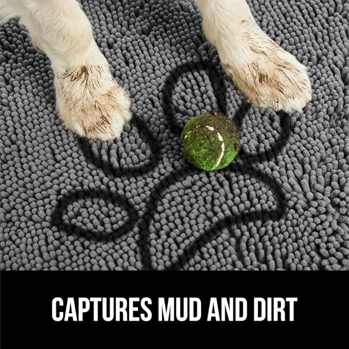 GORILLA GRIP SoakSTOPPER Dog Door Mat, Machine Washable Rug Absorbent Doormat Captures Moisture Mud Dirt, Quick Dry Soft Chenille Entryway Rugs Indoor Entrance Mats for Dog Paws, 24x17 Paw Grey