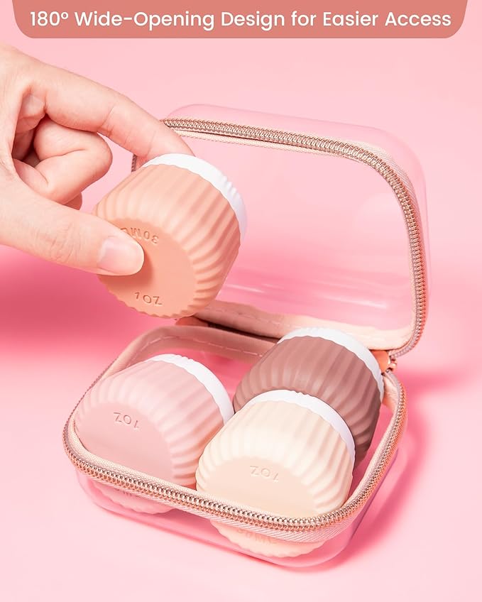 Travel Containers for Toiletries 4 Pack, Clear Hard Zipper Case, TSA Approved Travel Size Toiletries, With Clear Bag Leak Proof Silicone Jars, Creams Jars Carrying Small Items