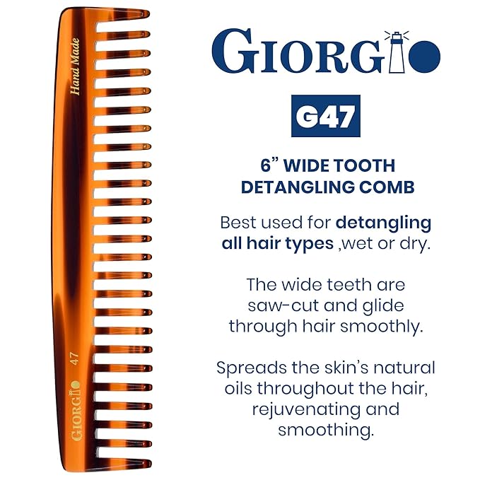 Giorgio G47 Wide Tooth Detangling Hair Comb for Thick Curly Wavy Hair. Long Detangler Comb For Wet and Dry Hair. Handmade, Extra Wide Tooth Comb Saw-Cut, Hand Polished