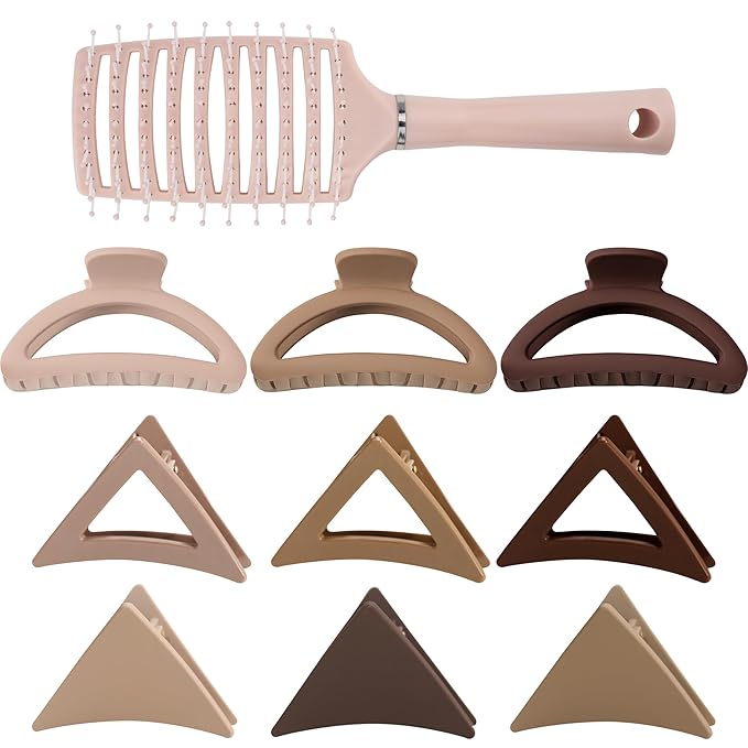 COZYISLE Neutral Tones Hair Accessories Set - 9 Medium Hair Clips (Arched & Triangle), 1 Hair Brush | Non-Slip Hair Clips for Thin Hair (Soft Pink, Beige, Brown)
