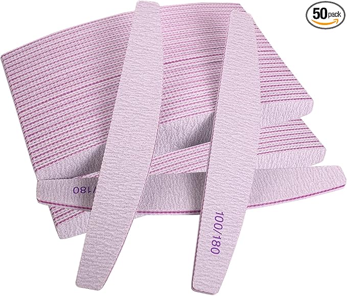 Nail Files (50 Pcs), 100/180 Grit Nail File Emery Board Bulk for Acrylic Nails and Natural Nails, Limas para Unas Acrilicas Profesional Pack Filers for Gel Nail Double Sided Manicure Curved Gray