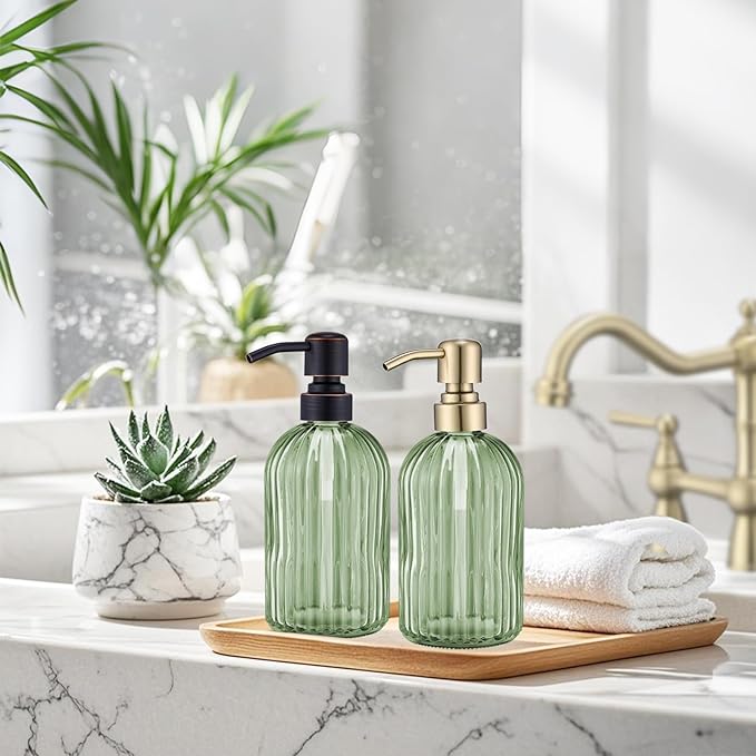 16Oz Green Glass Soap Dispenser with Rust Proof Stainless Steel Pump, Green Stripe Bathroom Hand Dish Lotion Dispensers with Brushed Gold Pump,Brushed Gold Glass Soap Dispenser