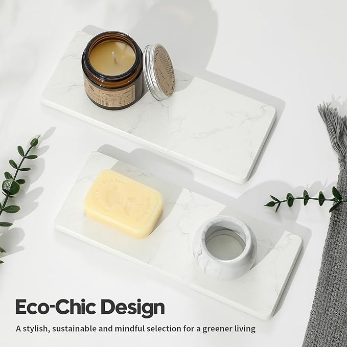 2PCS Diatomite Marble Tray Water Absorbing Mat for Kitchen Counter, Stone Drying Vanity Caddy for Bathroom Sink,Faucet Splash Guard,Soap Dispenser Rack Sponge Holder Organizer, White, 9"x3.5"