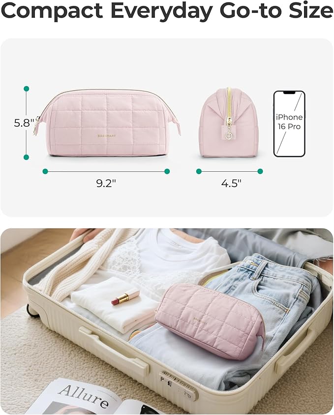 BAGSMART Makeup Bag Travel Toiletry Bag, Puffy Padded Make Up Bags for Women Makeup Organizer Case, Wide-open Pouch Purse Travel Essentials Toiletries Accessories Brushes, Strip Khaki Brown