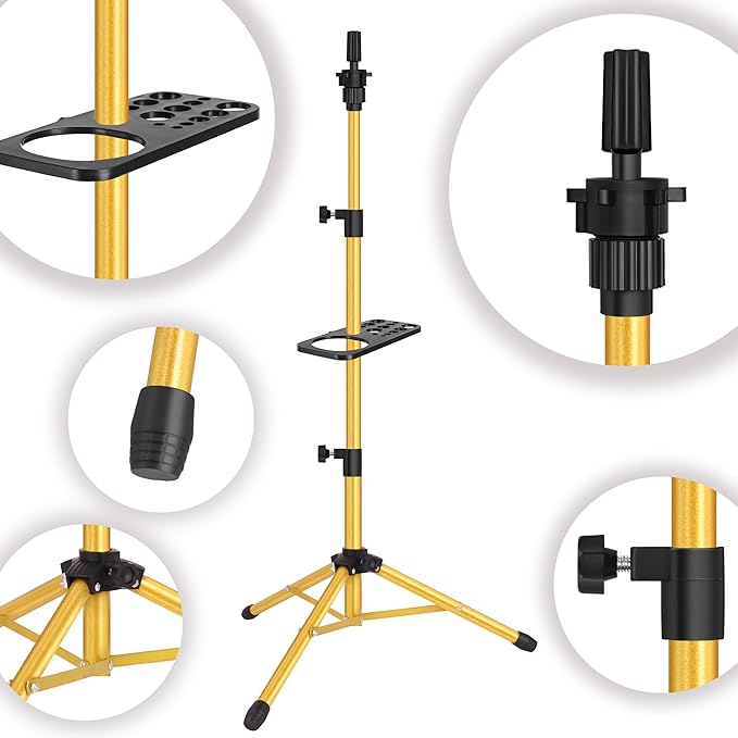 Wig Stand Tripod 50 Inch Metal Wig Mannequin Head Tripod Stand For Hairdressing Training Head Adjustable Wig Tripod Stand with Tool Tray (Golden, Mannequin Head Not Included)