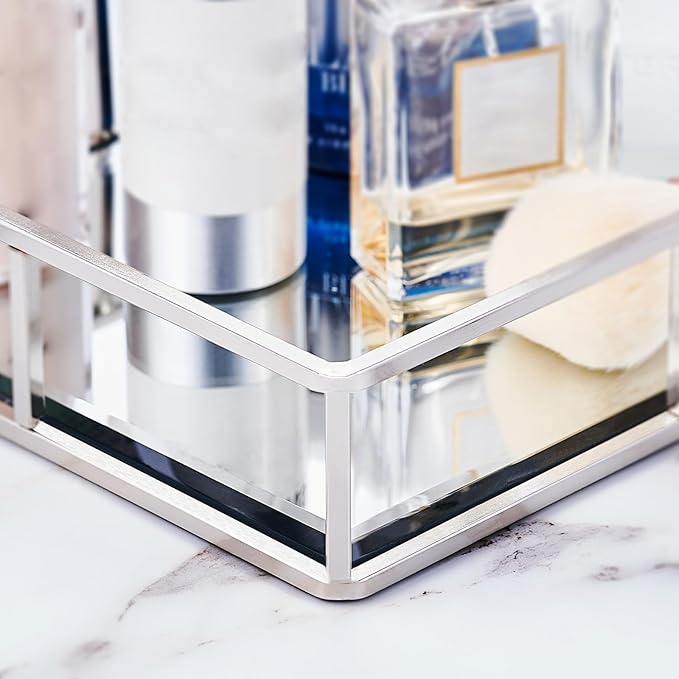 PuTwo Mirror Tray, Silver Perfume Tray, Decorative Tray, Metal Vanity Tray, Jewelry Tray, Decorative Trays, Glass Tray, Perfume Organizer, Vanity Trays for Bathroom, Counter, Bathroom