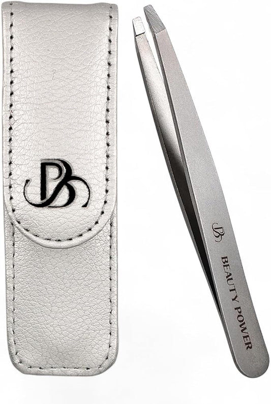Professional Tweezers in Case - Slant, Durable Lightweight German Stainless Steel, Ultra Precision Tweezers for Eyebrows, Facial Hair, Chin, and Ingrown Hair Removal - Gift (Matte Gray)