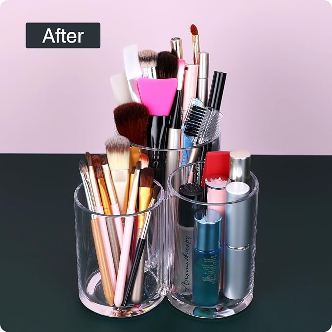 Makeup Brush Holder,Acrylic Clear Round Remote Control Pen Pencil Hair Nail Brush Comb Organizer with 3 Slots