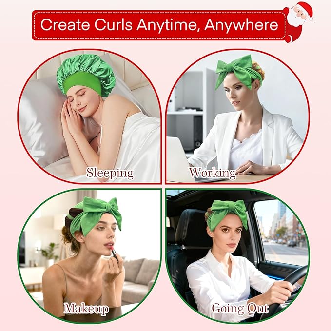 10 PCS Christmas Heatless Curls Overnight Hair Curler, 70" Overnight Curls Hair Curlers to Sleep In with Bonnet for Women Long Hair Volume, Heatless Curling DIY Set - Green