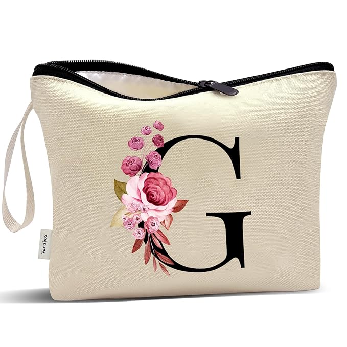 Vavabox A-Z Personalized Makeup Bag, Birthday Gifts for Women Mom, Gifts for Best Friend, Bride Bridesmaid Cosmetic bag (G, Yellow)
