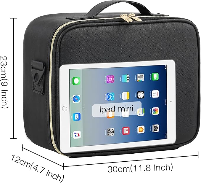 Makeup Travel Case, 12 Inch Makeup Organizer Bag with Compartment and Dividers, Portable Cosmetic Bag for Women with Brush Storage Sturdy Dual Zip Closure, Waterproof, Durable, Gift for Her, Black