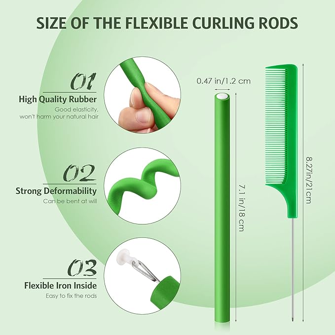 Syhood 30 Pieces Flexible Curling Rods Twist Hair Rollers Soft Foam Rods No Heat and 1 Pcs Steel Rat Tail Comb for Women Long and Short Hair(7 x 0.47 Inch,Green)