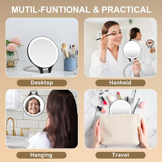 Mocado Travel Makeup Mirror with Light, 1X/20X Magnifying, Double Sided, 3 Color Light, Dimmable Touch, Rechargeable, Tabletop Standing, Black, Modern Style