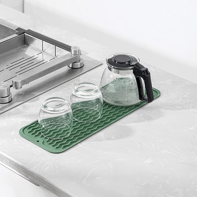 Silicone Dish Drying Mat for Multiple Usage,Easy clean,Eco-friendly,Heat-resistant Silicone Mat for Kitchen Counter,Sink,Bar,Bottle,or Cup Green M 17 inches x 6 inches