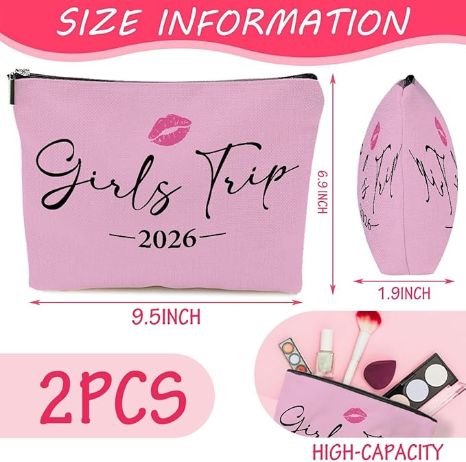 2 PCS Girls Trip Gifts: Fashion Waterproof Nylon Cosmetic Bag, 9W x 7H, Perfect for Travel, Toiletry, Women, Adults