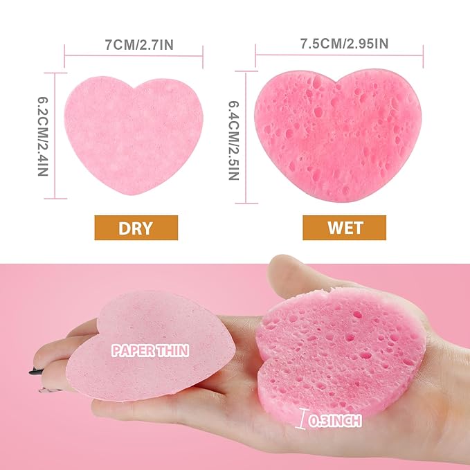 60-Count Compressed Facial Sponges With Container, Heart Shape Face Sponge, 100% Natural Pads for Cleansing, Massage, Pore Exfoliating Mask, Makeup Removal (Pink)