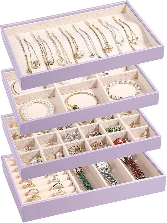 LANDICI Stackable Jewelry Organizer Trays 4 Set,PU Leather Jewelry Organizer Drawer,Jewelry Storage Display Tray for Earring Necklace Rings Bracelet with Removable Dividers,Lavender