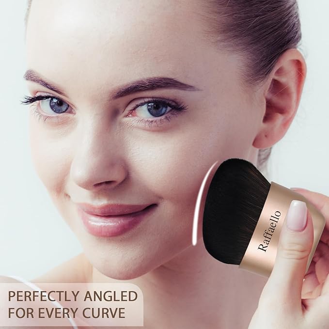 Raffaello Angled kabuki Foundation Brush: Fast, Flawless Foundation - Dense Soft Bristles for Streak-Free Liquid, Cream & Powder - Ergonomic Handle for Effortless Blending & Buffing (Champagne Gold)