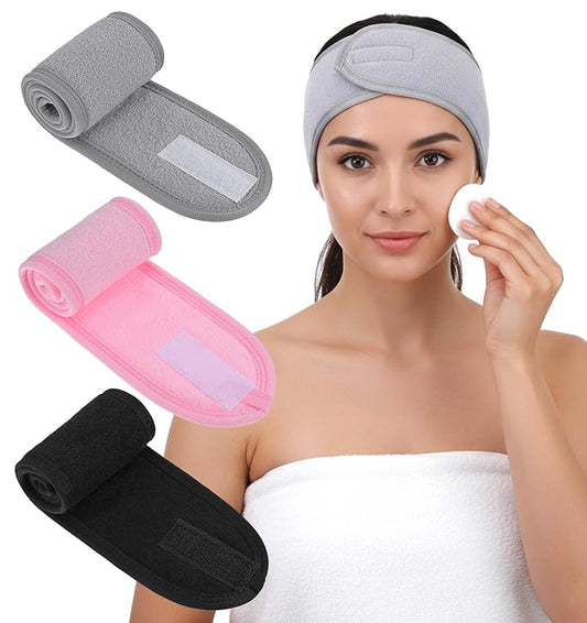 3 Pack Spa Headband, Adjustable Terry Cloth Headband for Women, Non-Slip Face Wash Headbands for Facial, Makeup & Shower, Soft Stretchable Hair Band