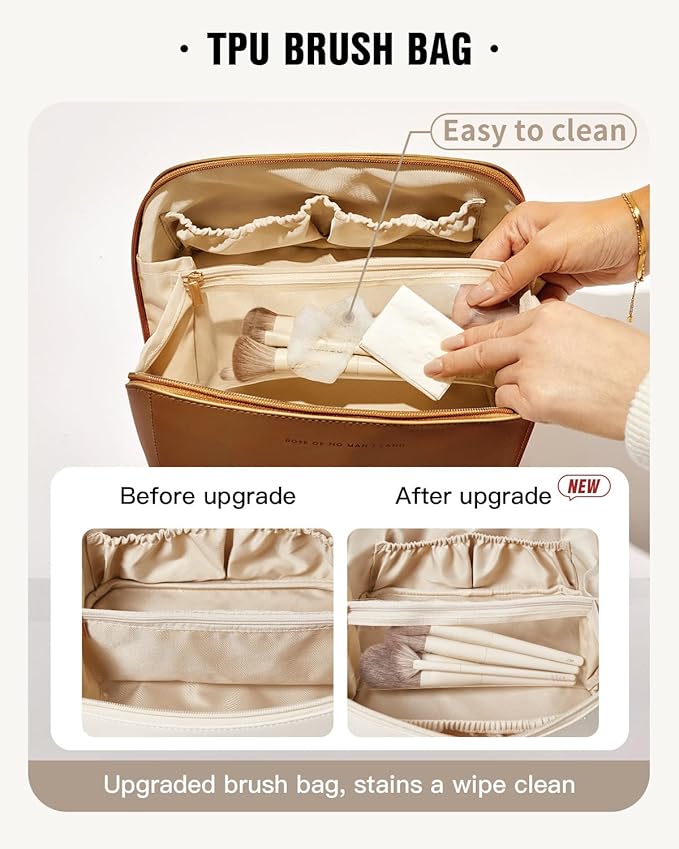 EACHY Travel Makeup Bag, Large Capacity Cosmetic Bag for Women, Waterproof PU Leather, Flat Open Portable Toiletry Bag for Skincare, Brushes & Travel Essentials