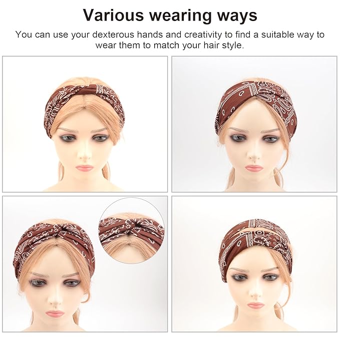 DRESHOW 4 Pack Boho Cotton Non-Slip Headbands for Women Girls Yoga Workout Running Knotted Turban Floral Elastic Head Wrap