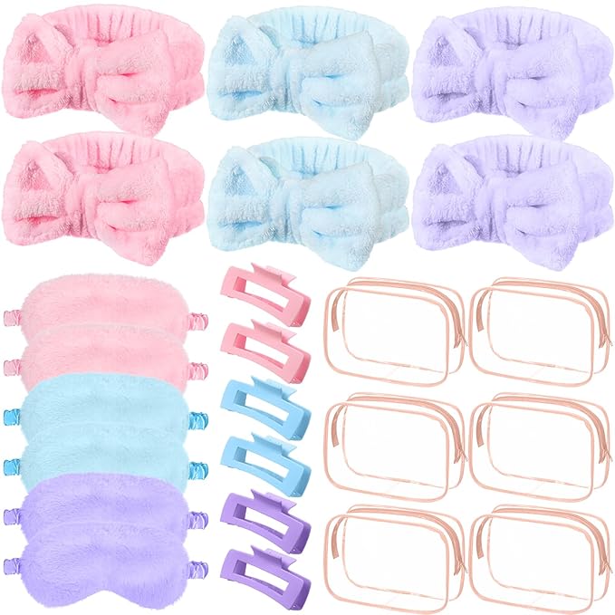 Hoteam 24 Pcs Galentine Spa Party Favors Supplies 6 Spa Headband 6 Plush Sleep Eye Mask 6 Hair Claw Clips 6 Clear Cosmetic Bags for Adult Sleepover Slumber Party Valentine Gift(Pink,Blue,Purple)