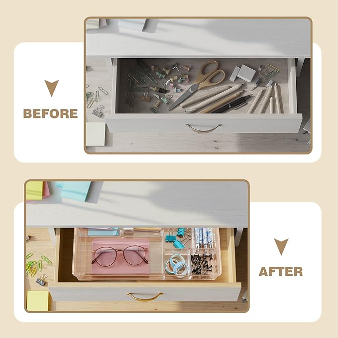 3 Pcs Clear Acrylic Desk Drawer Organizer 13.7 x 8.7 x 2 Inch Drawer Organizer Trays with 8 Compartments Desk Accessories for Office Makeup Silverware Bathroom