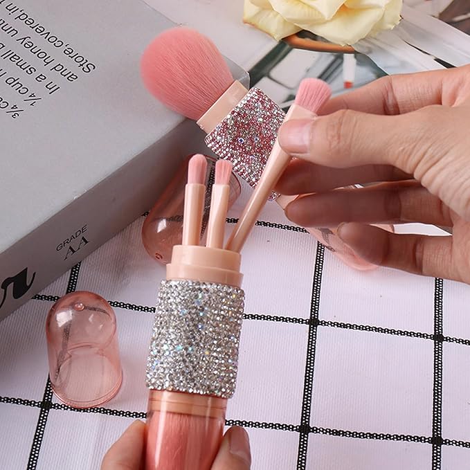 WOKOTO 4 in 1 White Diamond-Embellished Makeup Brushes - Nail Art Dust Powder Remover Brush, Eye Shadow, Lip & Foundation Brush, Soft Nail Art Dust Cleaner Brush for Acrylic Application and Makeup
