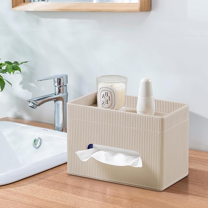 Tissue Box Cover Rectangle with Storage Tray, PU Leather Tissue Holder for Bathroom Vanity Countertop Night Stands Bedroom Office Desk, Stylish Rectangular Tissue Box Holder (Beige)