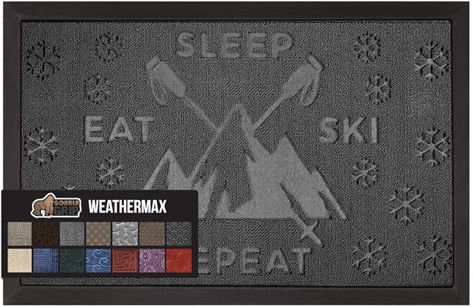 GORILLA GRIP 100% Waterproof All-Season WeatherMAX Doormat, US Designed Natural Rubber, Stain and Fade Resistant, Low Profile Indoor Outdoor Door Mats, Easy Clean Patio Mat, 17x29, Graphite Skiing