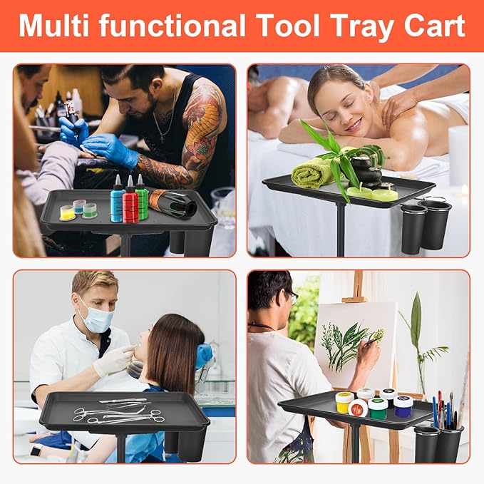 Salon Tray Cart, Metal Tattoo Tray with Tool Holder, Service Rolling Tray Adjustable Height, Storage Tray Trolley for Salon Spa Dental Use, Rolling Tray Cart