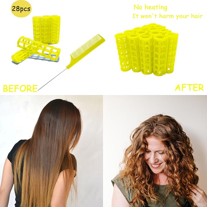 28PCS Plastic Hair Rollers Set 1.5cm/0.6in Heatless Rollers Hair Curlers Self Grip Rollers Tools for DIY Hairdressing Hair Salon(Yellow)
