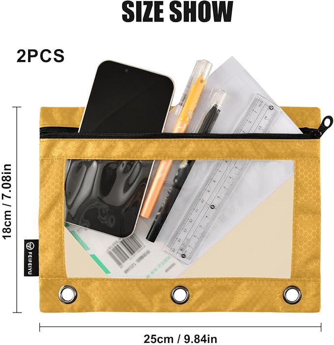 Yellow Orange Pencil Pouch for 3 Ring Binder 2 Pcs Binder Pencil Pouches with Zipper Pocket Pencil Case Bag with Clear Window Pencil Bag for Storing Office Home College Supplies