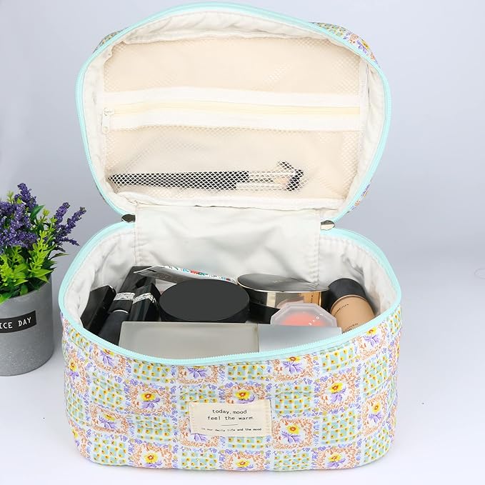 VIWIME Makeup Cosmetic Bag, Large Cotton Quilted Travel Coquette Aesthetic Cute Floral Make up Bag for Women Toiletry Bag Organizer (107- Grid / 2Pcs)