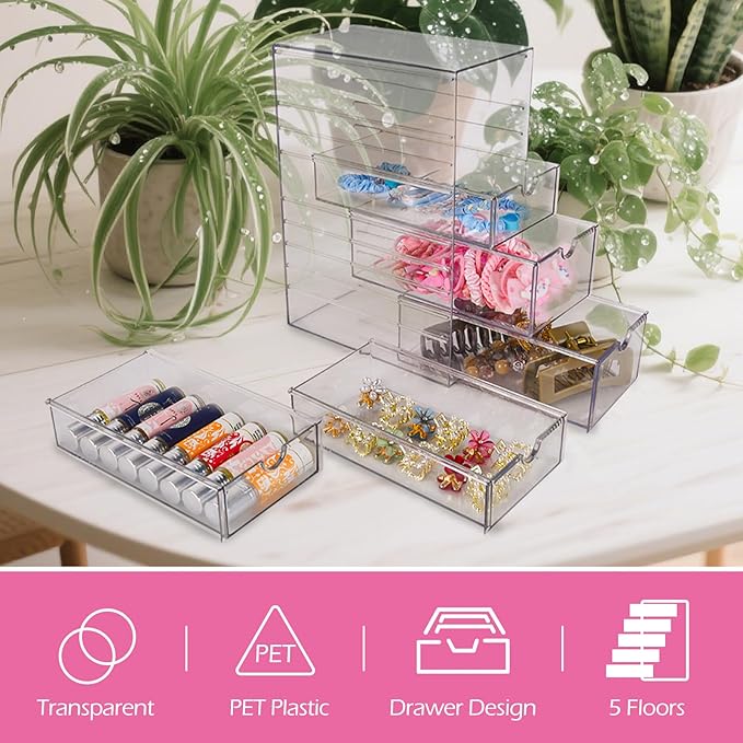 Hair Accessories Organizer, Clear Hair Ties and Pins Organizer Storage Box, Plastic Drawer Storage with 5 Different Sizes Drawers, Hair Accessory Container for Bathroom Closet Desk Office