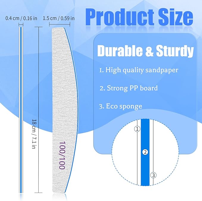 12 PCS Nail Files for Acrylic Nails, 100/100 Grit Nail File for Poly Nail Extension Gel Emery Boards Nail Files Doubled Sides Coarse Washable Nail File Manicure Tools for Home and Salon Use