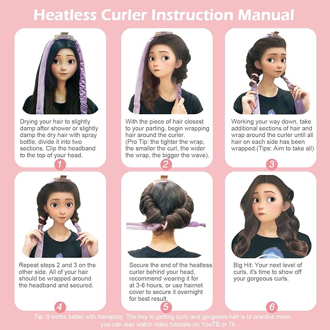 Heatless Curls Overnight Headband, 70'' No Heat Hair Curlers for Medium Long Hair, Purple