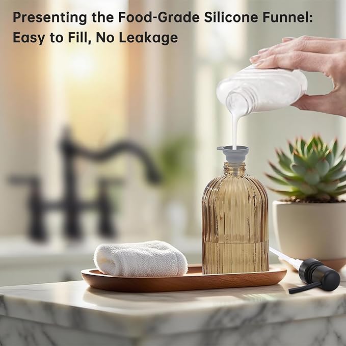 16 OZ Amber Glass Soap Dispenser, Amber Stripe Bathroom Hand Soap Dispensers with Stainless Steel Bronze Pump,Brown Glass Kitchen Hand Soap Dispenser with Oil Rubbed Bronze Pump
