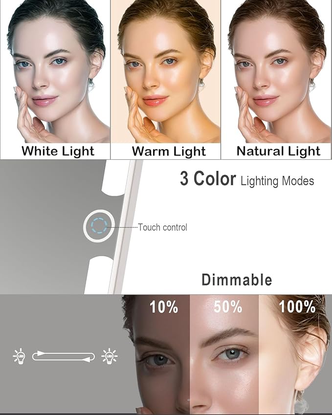 Rechargeable Travel Makeup Mirror with Lights, Portable Lighted Vanity 10X Magnification, 70 LEDs 3 Color Dimmable Touch Screen, Tabletop Folding Compact Cosmetic (White With 2000mah Battery)