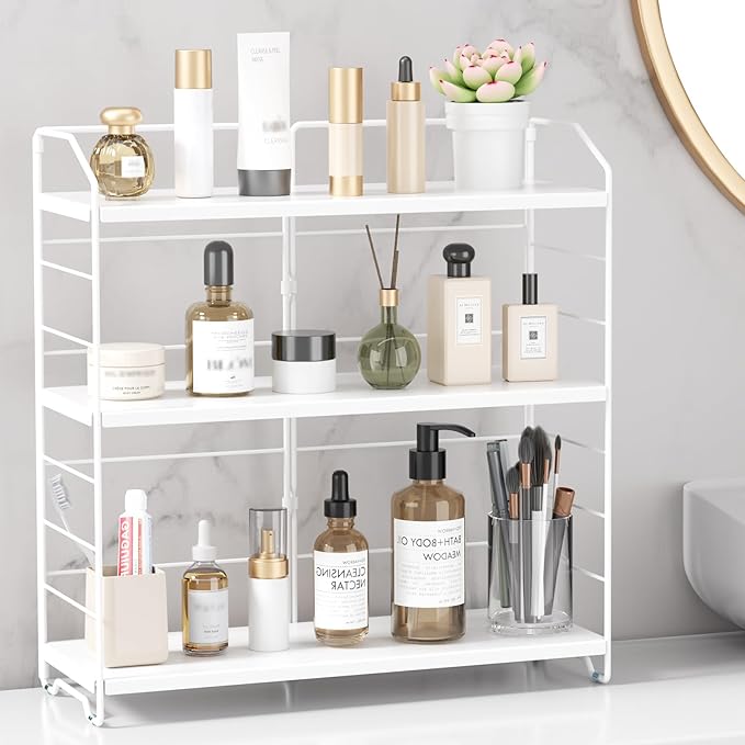 Bathroom Counter Organizer, Makeup Organizer Countertop, Countertop Storage Shelf for Bathroom Storage, Vanity, Large Skincare, Perfume, White 3 Tier