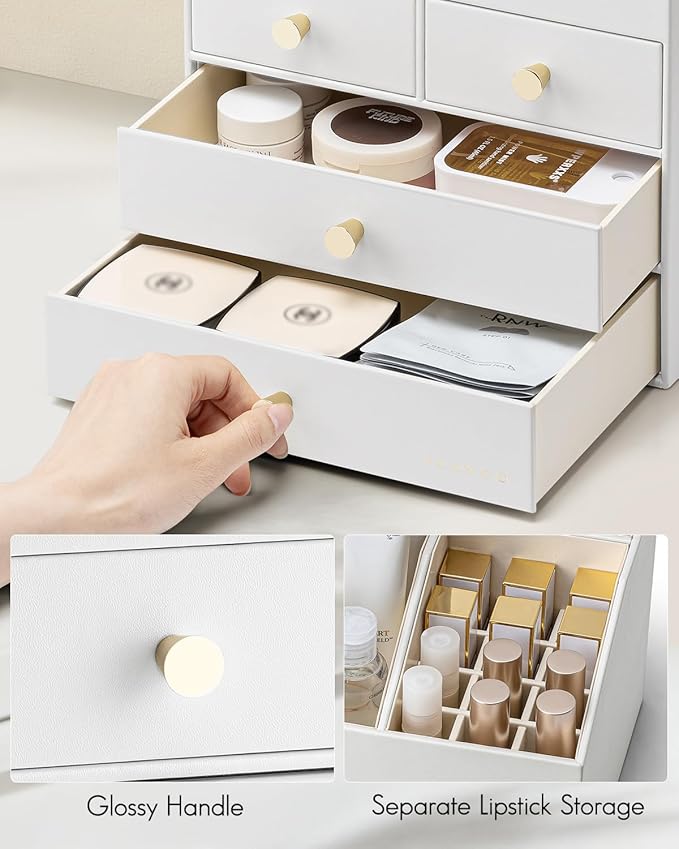 Vlando Makeup Organizer Countertop,Large Vanity Organizer PU Leather Make up Storage with 4 Drawers Skin care Organizer Cosmetic Display Case for Lipstick,Brushes,Bedroom-White