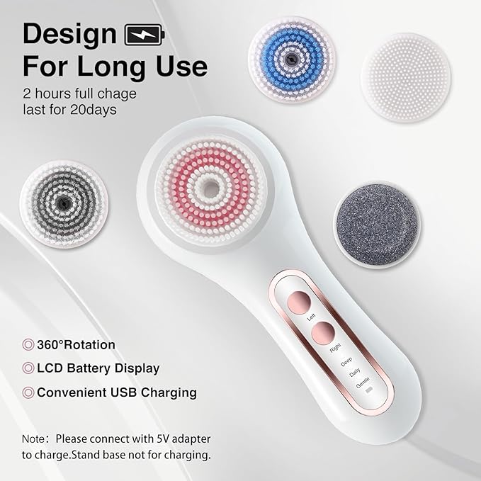 UMICKOO Face Scrubber Exfoliator, Rechargeable Facial Cleansing Brush with 2-Way Rotation & 3 Modes, 30-Day Runtime, 5 Brush Heads for SPA-Level Care, IPX7 Waterproof, Deep Cleaning for All Skin Types