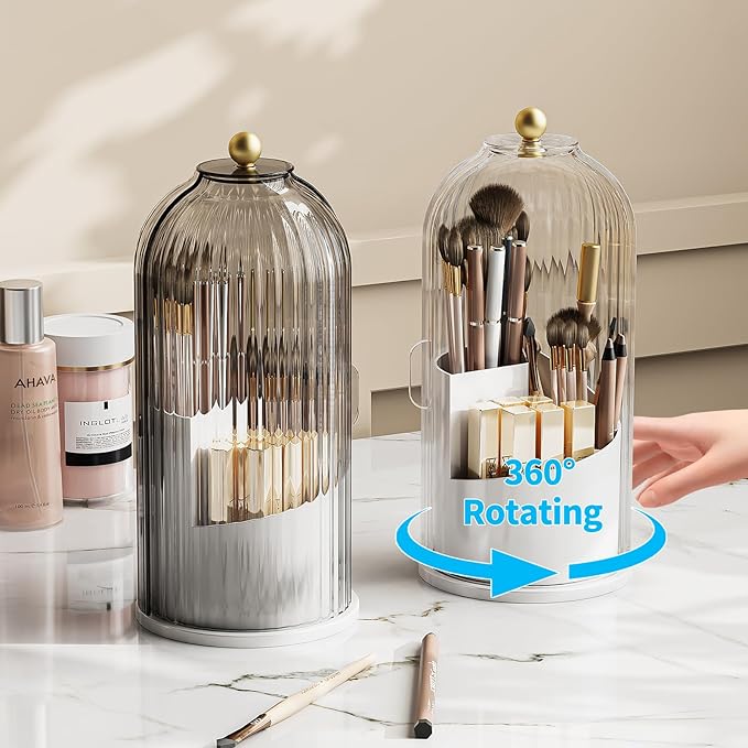 Dustproof Toothbrush Holder with Lid, 360 Rotating Countertop Electric Toothbrush Toothpaste Holders with Cover for Bathroom, 3 Slots Makeup Brush Holder with Lid for Vanity, White-Clear
