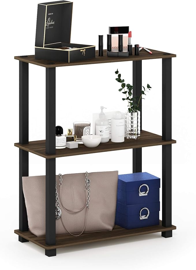Furinno TURN-S-TUBE Storage Shelves, 3-Tier Book Shelf, Corner Shelf, Toolless Open Shelves, for Organization and Storage, Living Room, Garage, Home Office, Columbia Walnut