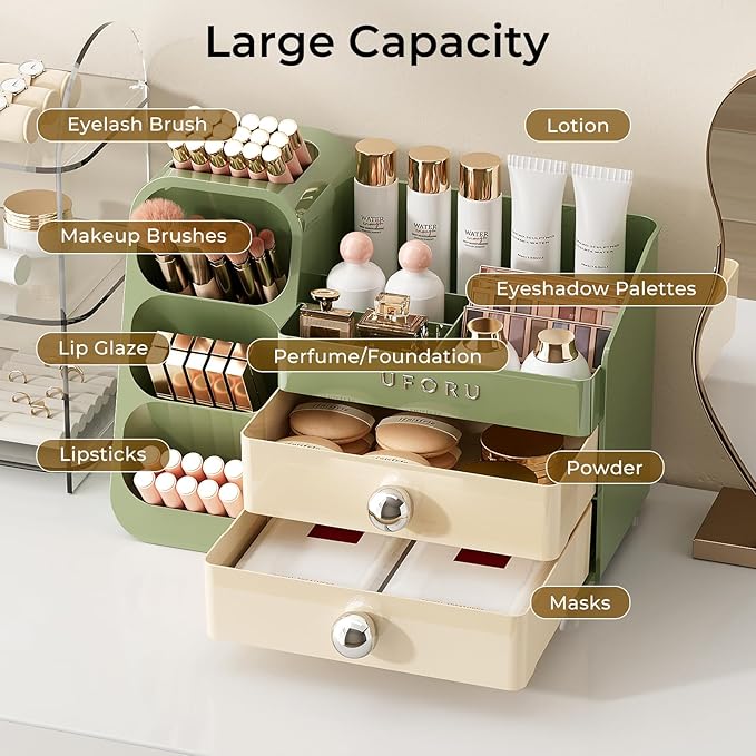 Makeup Organizer for Vanity with Brush Holder, Countertop Skincare Organizer with 2 Drawers, Spacious Cosmetic Display Case for Perfumes, Eyeshadow Palettes, Nail Polishes