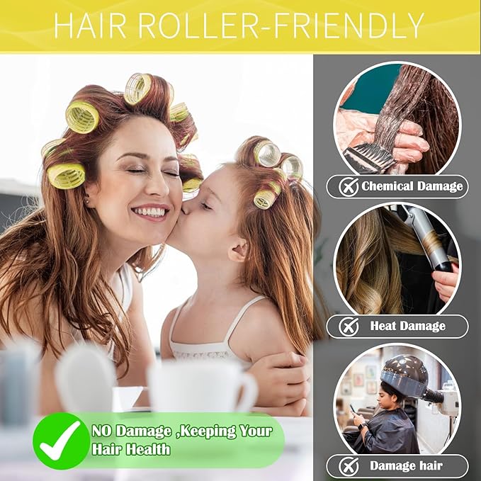 Hair Rollers, 12 Pack Self Grip Salon Hairdressing Curlers, DIY Curly Hairstyle, Large Rollers 1.57In Yellow