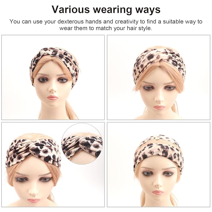 DRESHOW 4 Pack Boho Cotton Non-Slip Headbands for Women Girls Yoga Workout Running Knotted Turban Floral Elastic Head Wrap