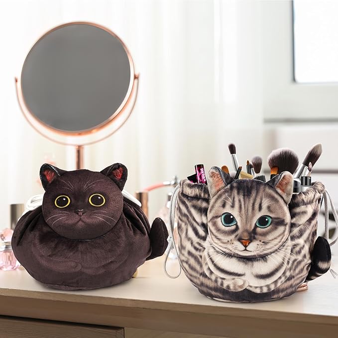 Drawstring Cat Makeup Bag - Travel Organizer, Cosmetic Pouch, Lay Flat Design - Gift for Women and Cat Lovers (2-Pack)